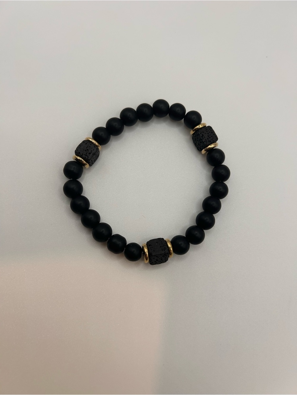 Matte Black Beaded Stretch Bracelet with Lava Stone